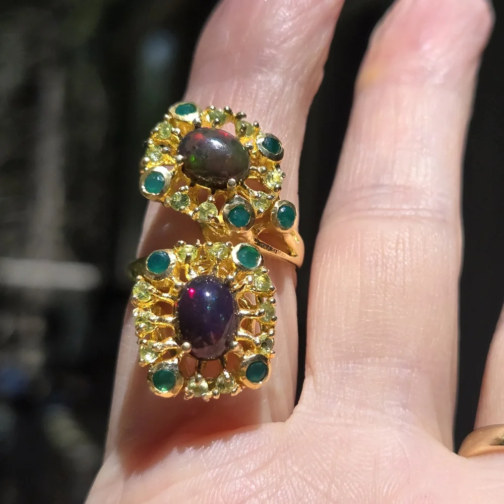 Opal green 💚 Onyx & Peridot sterling &gold ring sz8 adjustable - Picture 4 of 10